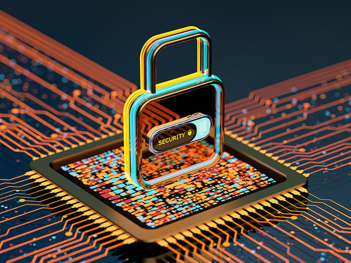 Digital multicolored background with lock with the word "security" on it, depicting innovative technologies in cybersecurity, data protection