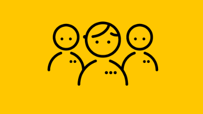 En svartvit illustration av av tre människor på gul bakgrund.